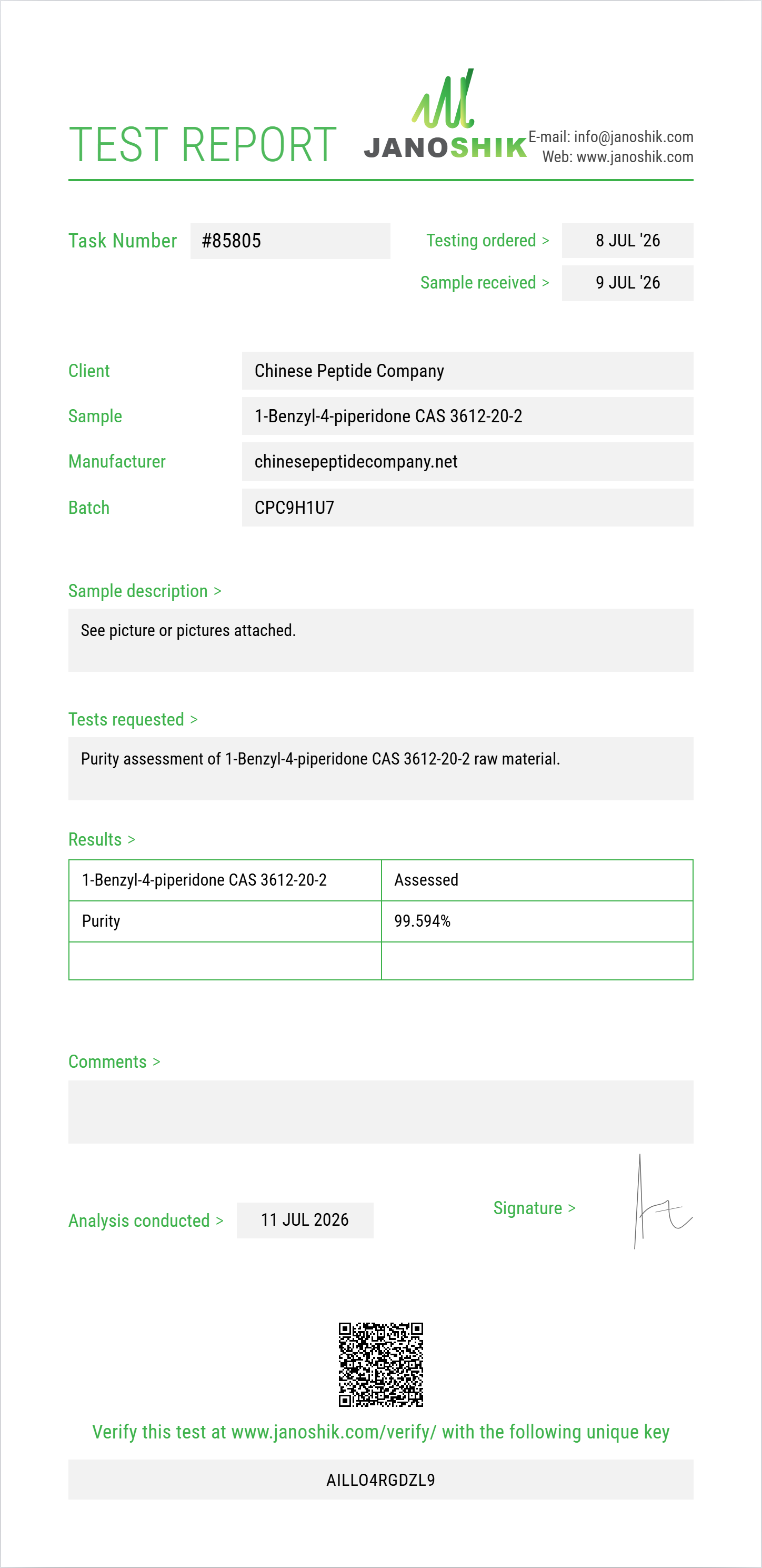 1-Benzyl-4-piperidone CAS 3612-20-2 Purity (HPLC) report by Janoshik Analytical