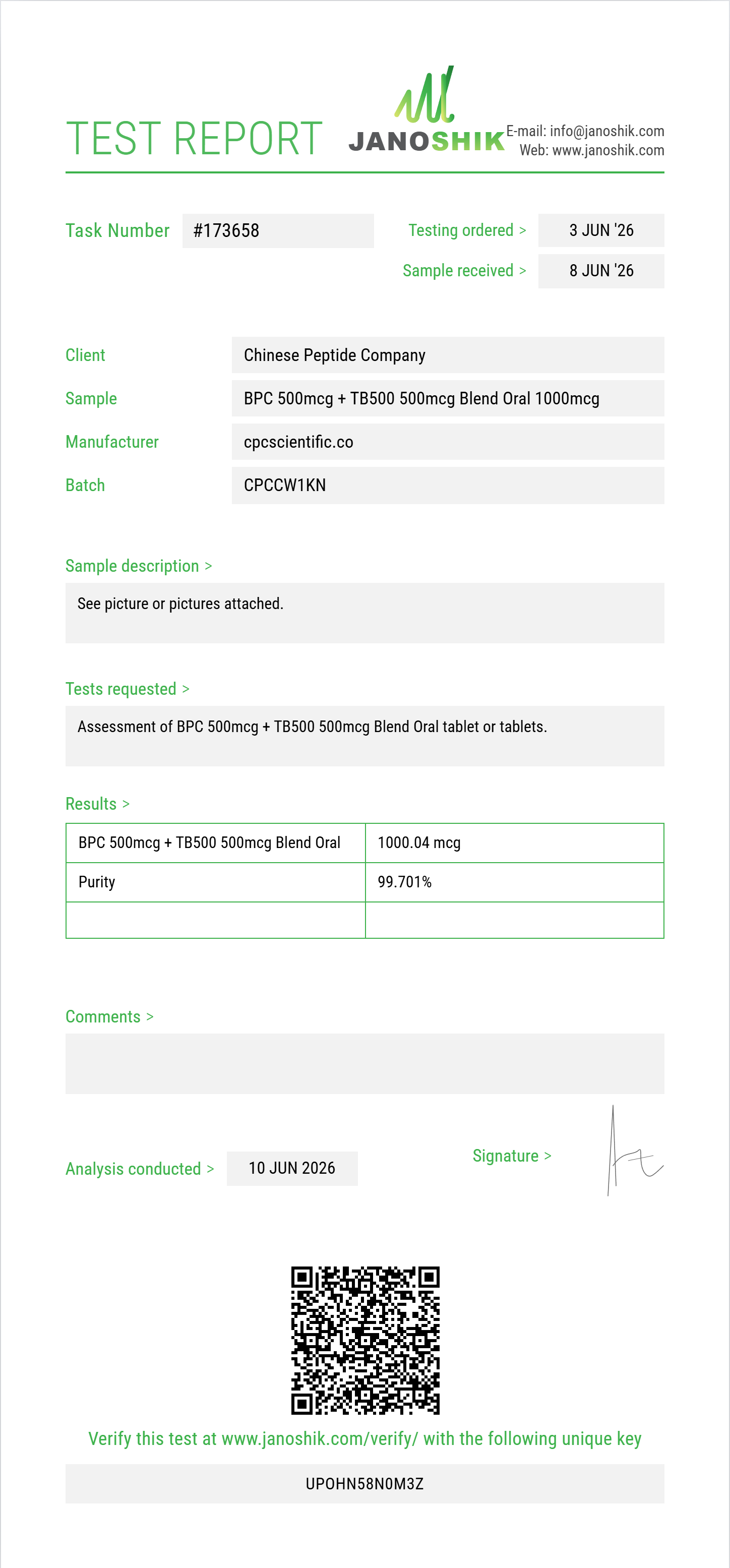 BPC 500mcg + TB500 500mcg Blend Oral Purity (HPLC) report by Janoshik Analytical