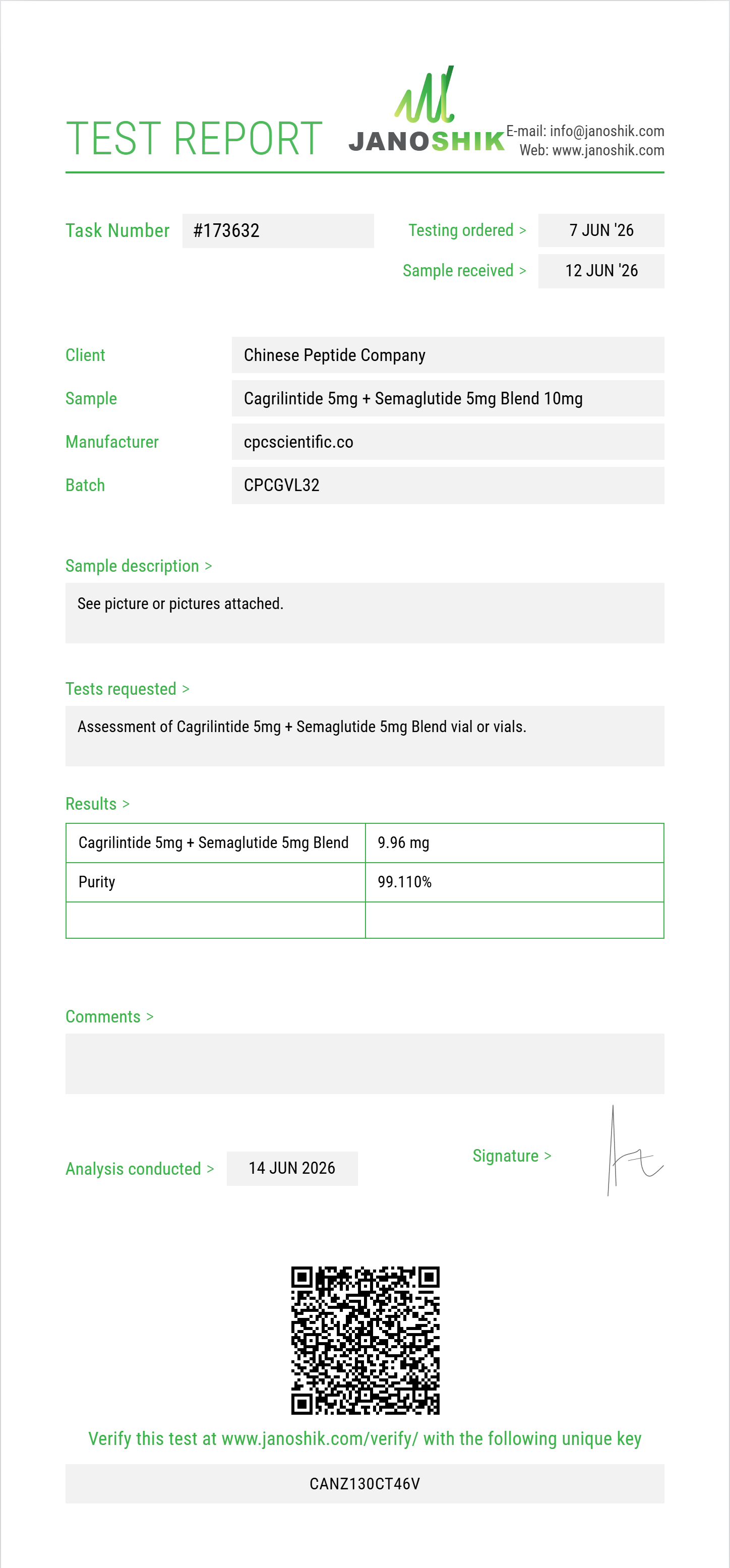 Cagrilintide 5mg + Semaglutide 5mg Blend Purity (HPLC) report by Janoshik Analytical