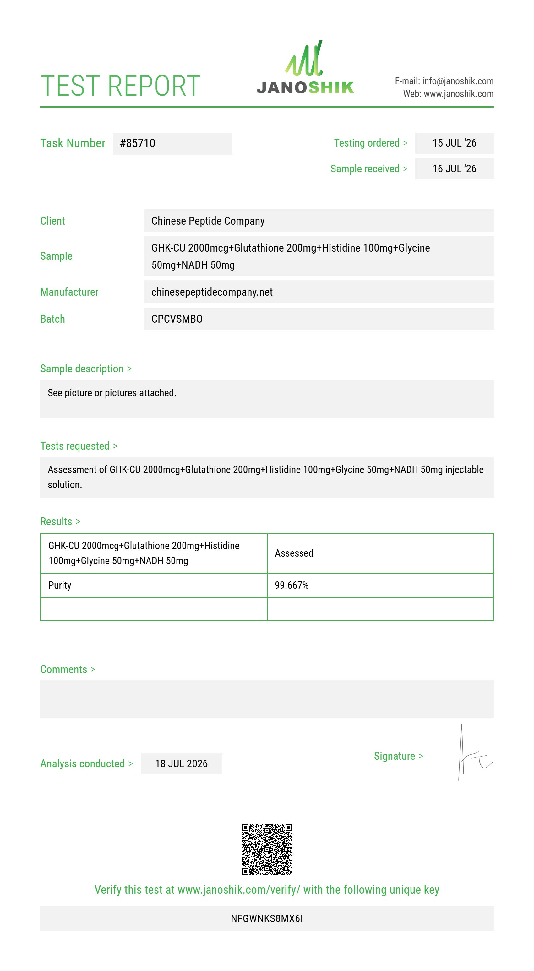 GHK-CU 2000mcg+Glutathione 200mg+Histidine 100mg+Glycine 50mg+NADH 50mg Purity (HPLC) report by Janoshik Analytical