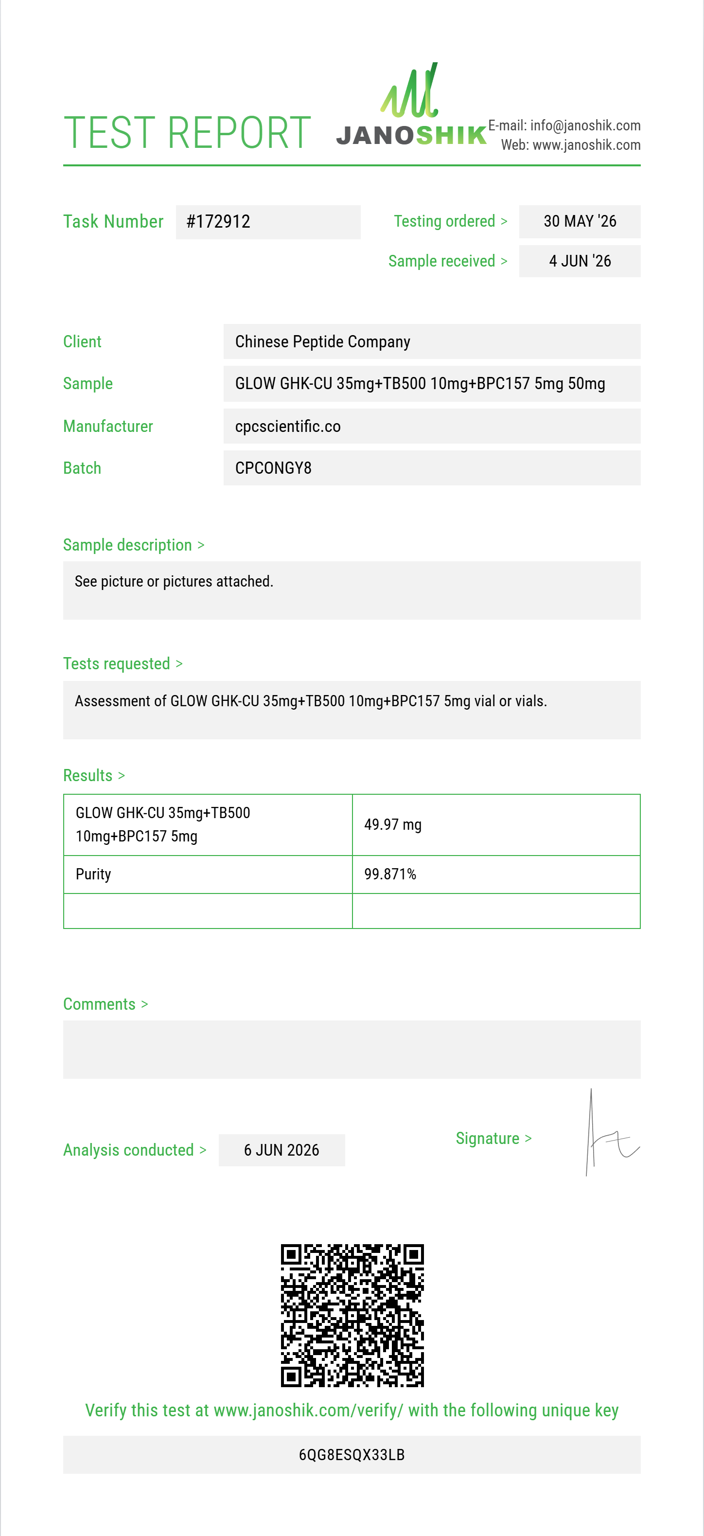 GLOW GHK-CU 35mg+TB500 10mg+BPC157 5mg Purity (HPLC) report by Janoshik Analytical