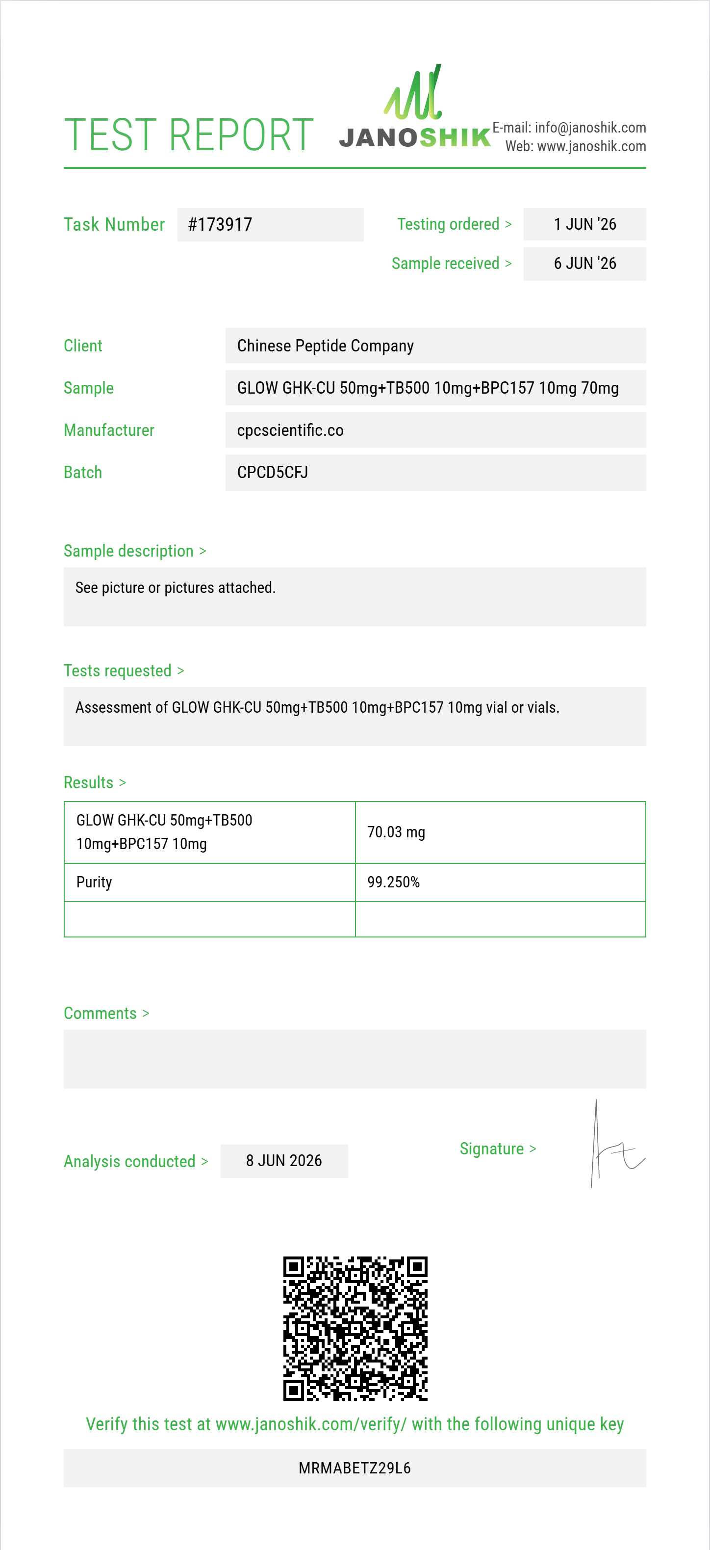 GLOW GHK-CU 50mg+TB500 10mg+BPC157 10mg Purity (HPLC) report by Janoshik Analytical