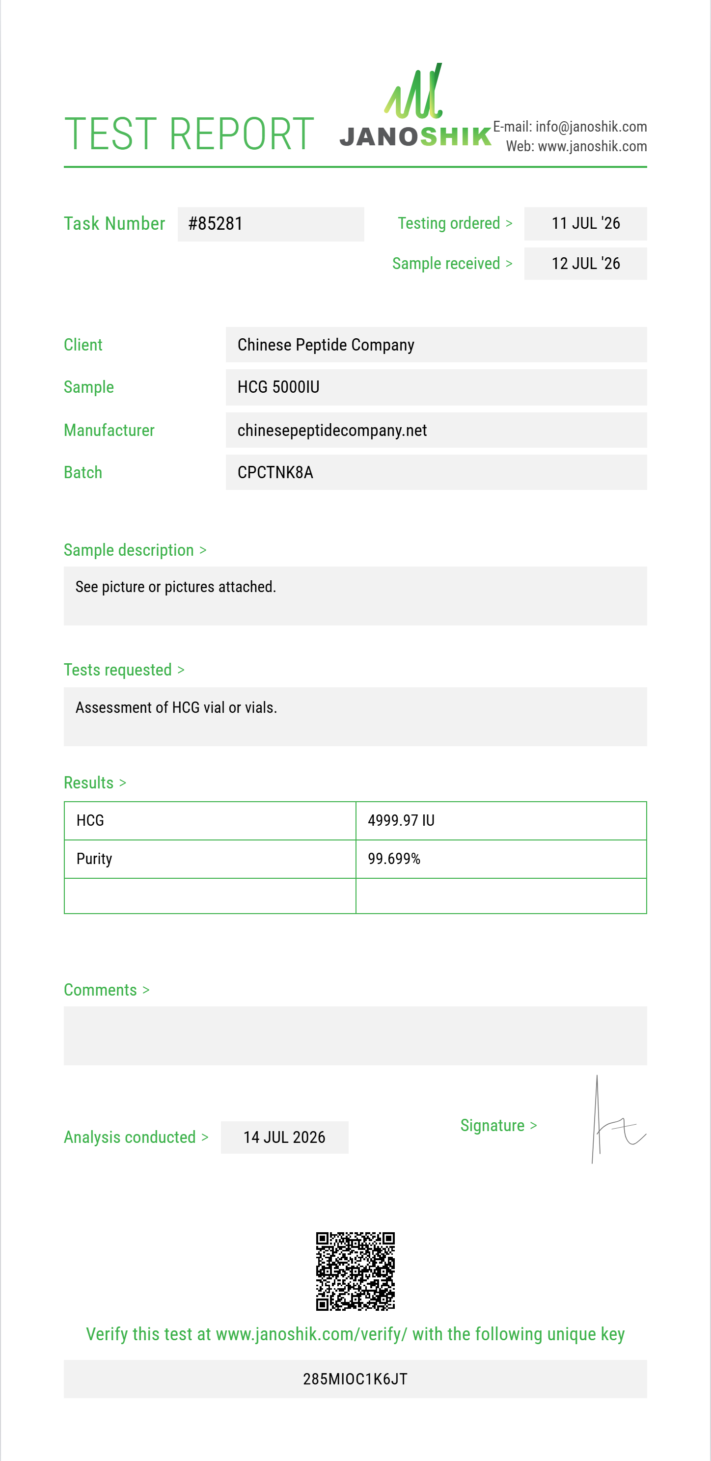 HCG Purity (HPLC) report by Janoshik Analytical