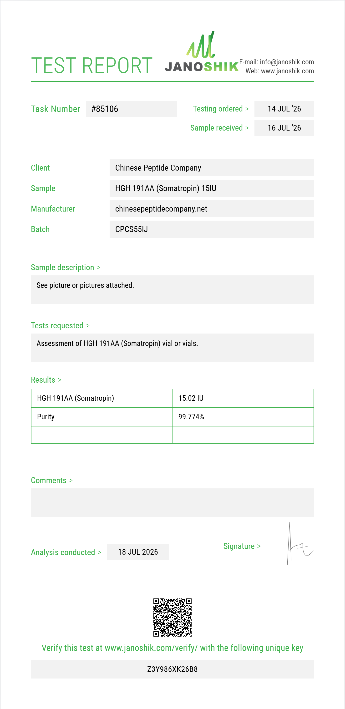 HGH 191AA (Somatropin) Purity (HPLC) report by Janoshik Analytical