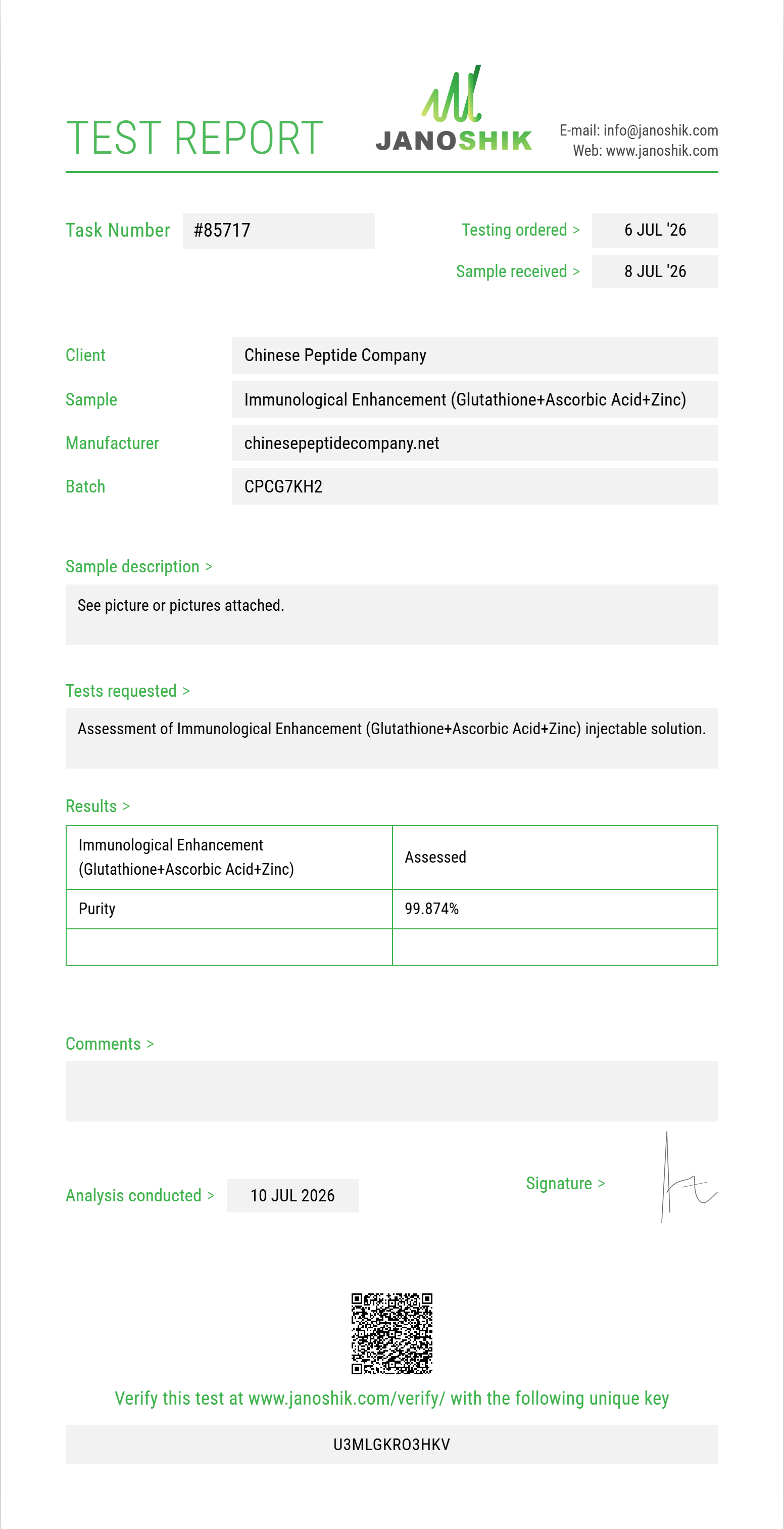 Immunological Enhancement (Glutathione 200mg+Ascorbic Acid 200mg+Zinc Sulfate 2.5mg) Purity (HPLC) report by Janoshik Analytical