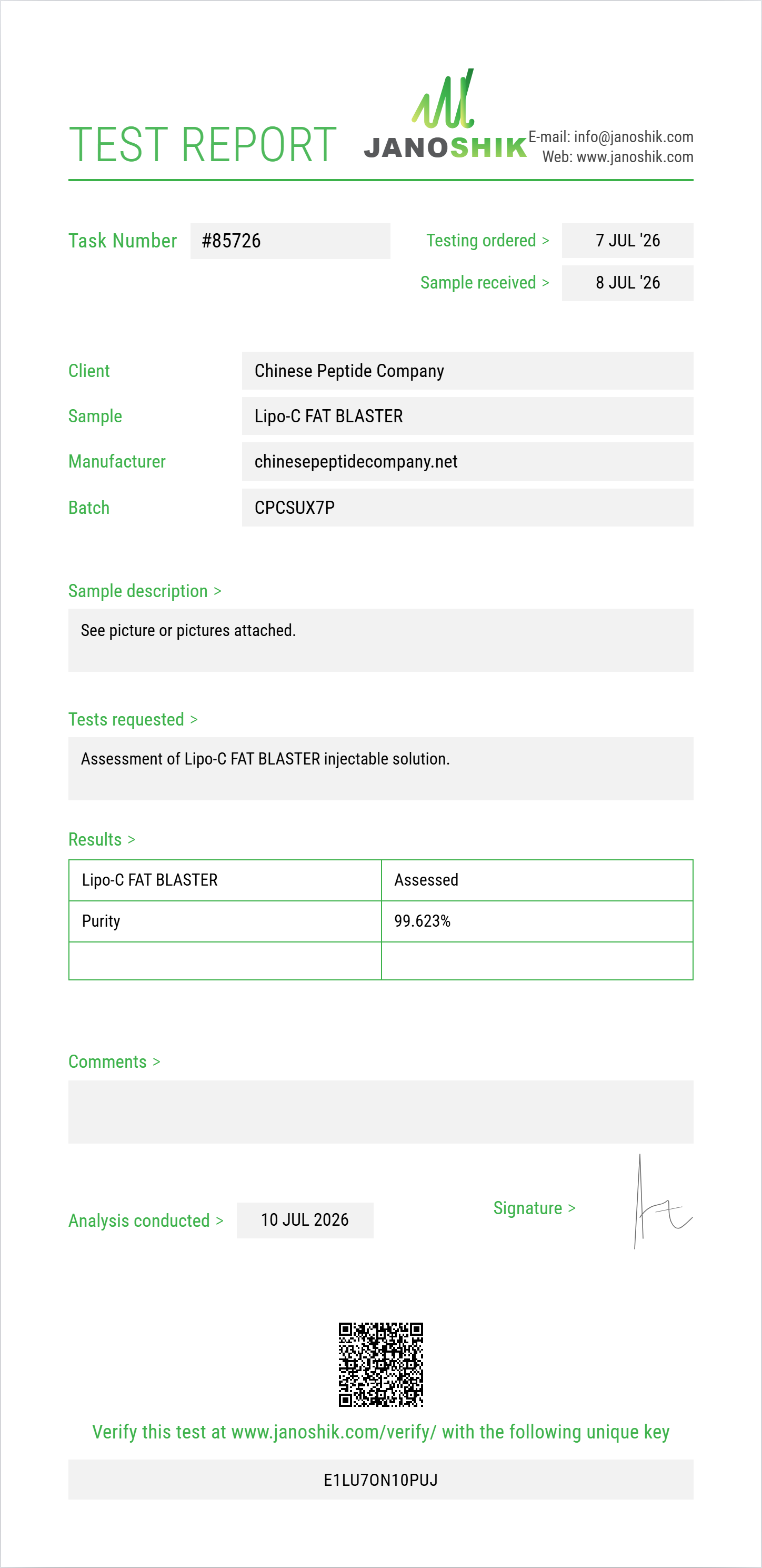 Lipo-C FAT BLASTER Purity (HPLC) report by Janoshik Analytical