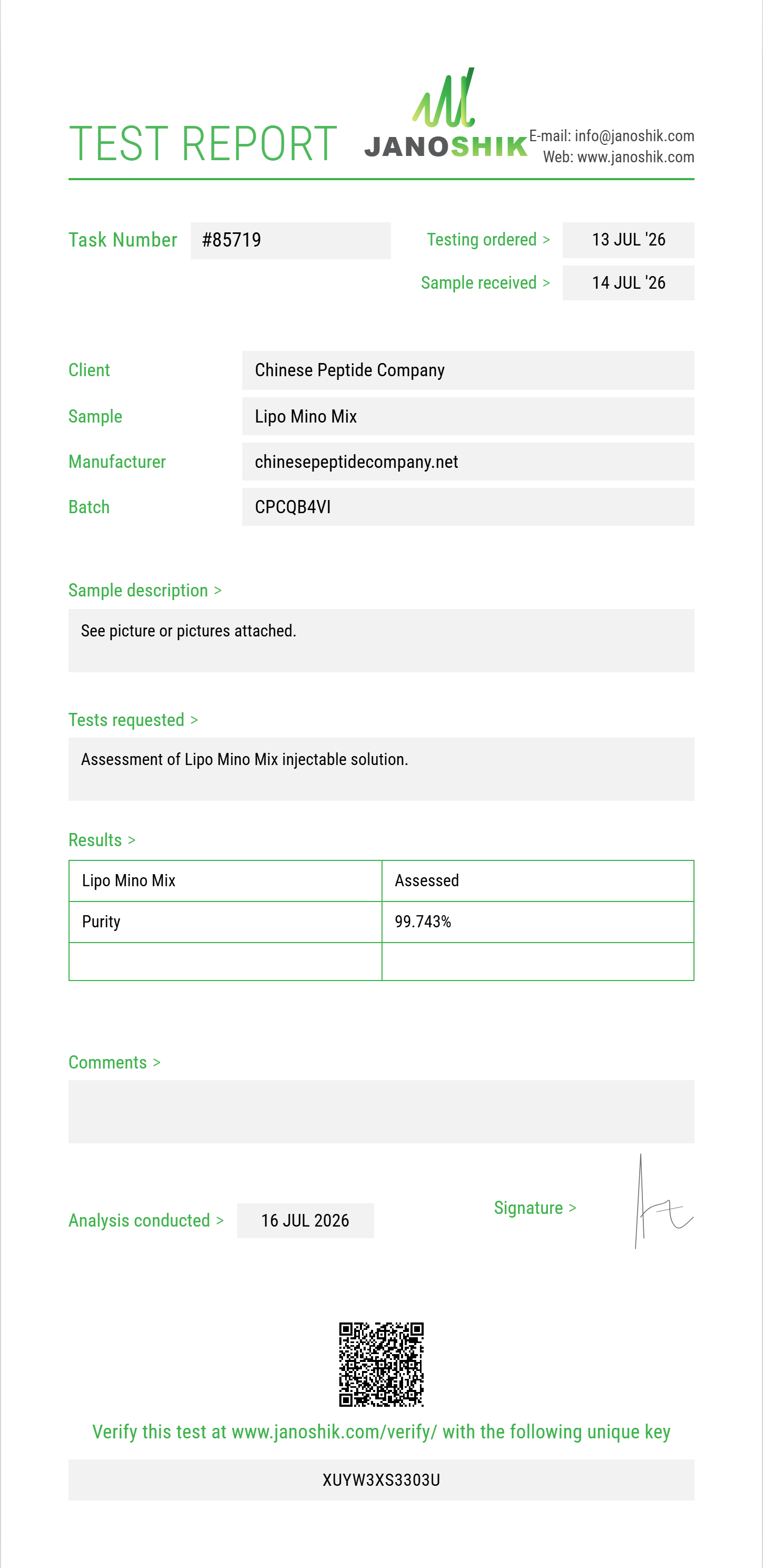 Lipo Mino Mix (B6+Methionine+Inositol+Choline+B1+B2+Carnitine) Purity (HPLC) report by Janoshik Analytical