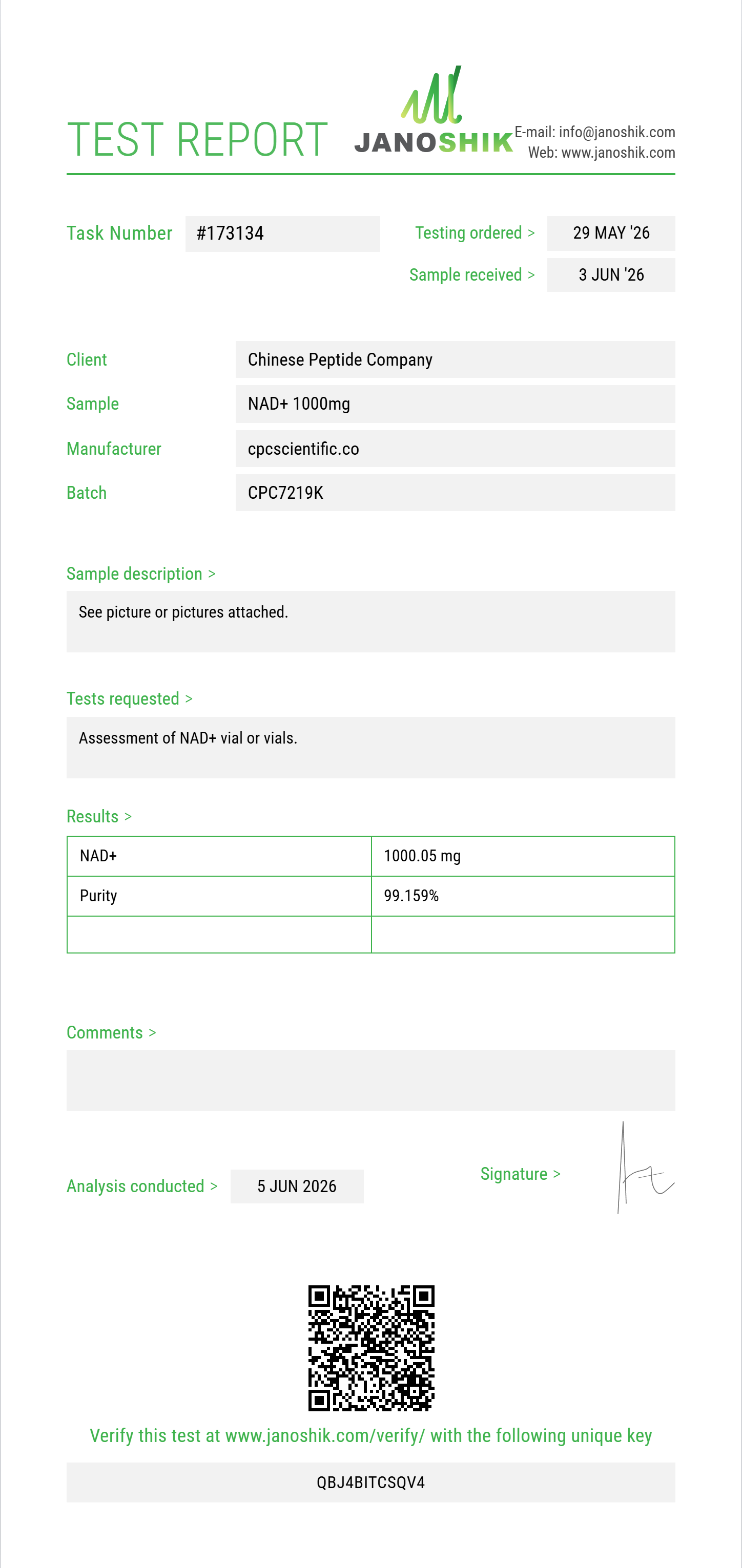 NAD+ Purity (HPLC) report by Janoshik Analytical