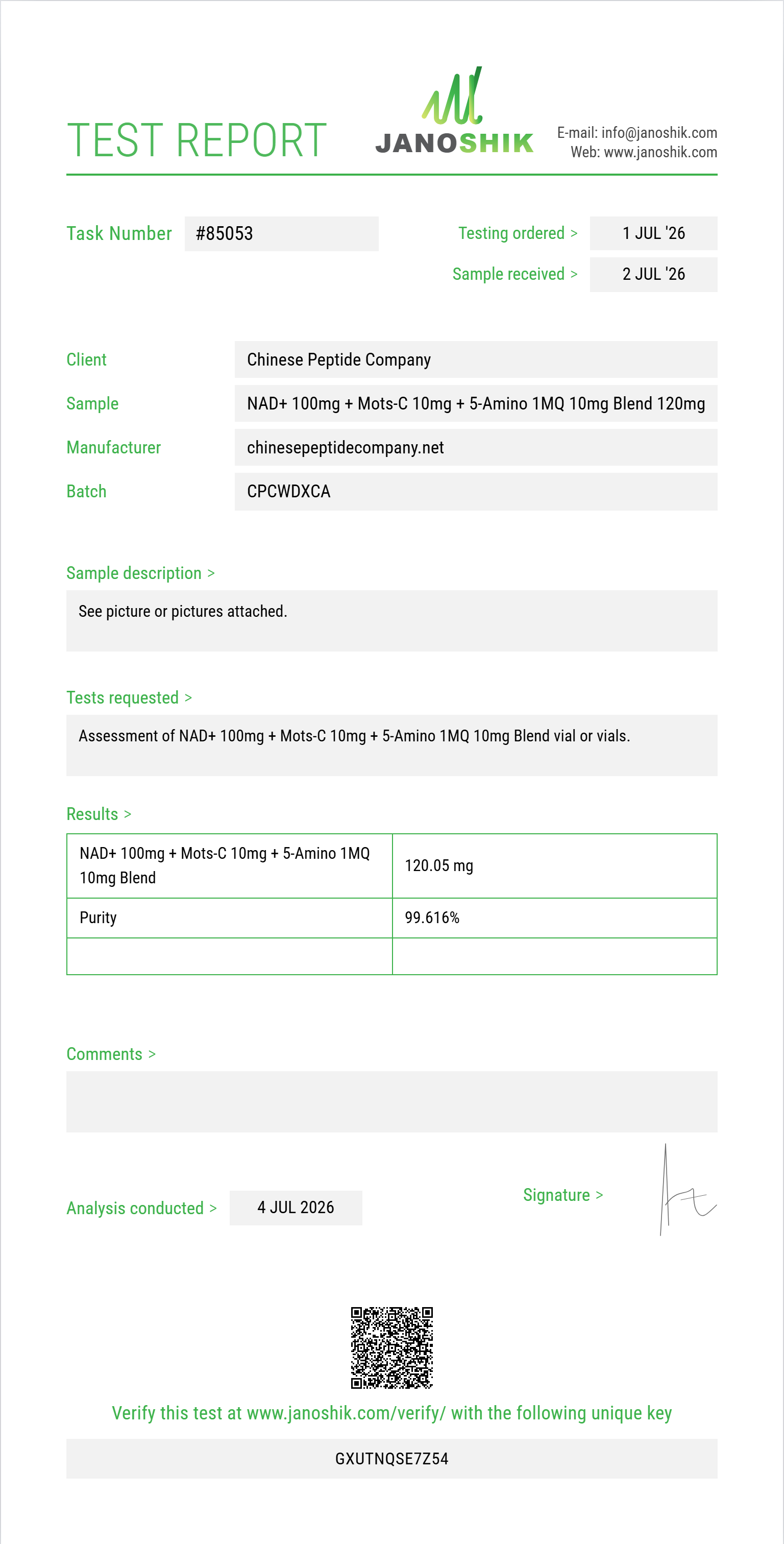 NAD+ 100mg + Mots-C 10mg + 5-Amino 1MQ 10mg Blend Purity (HPLC) report by Janoshik Analytical