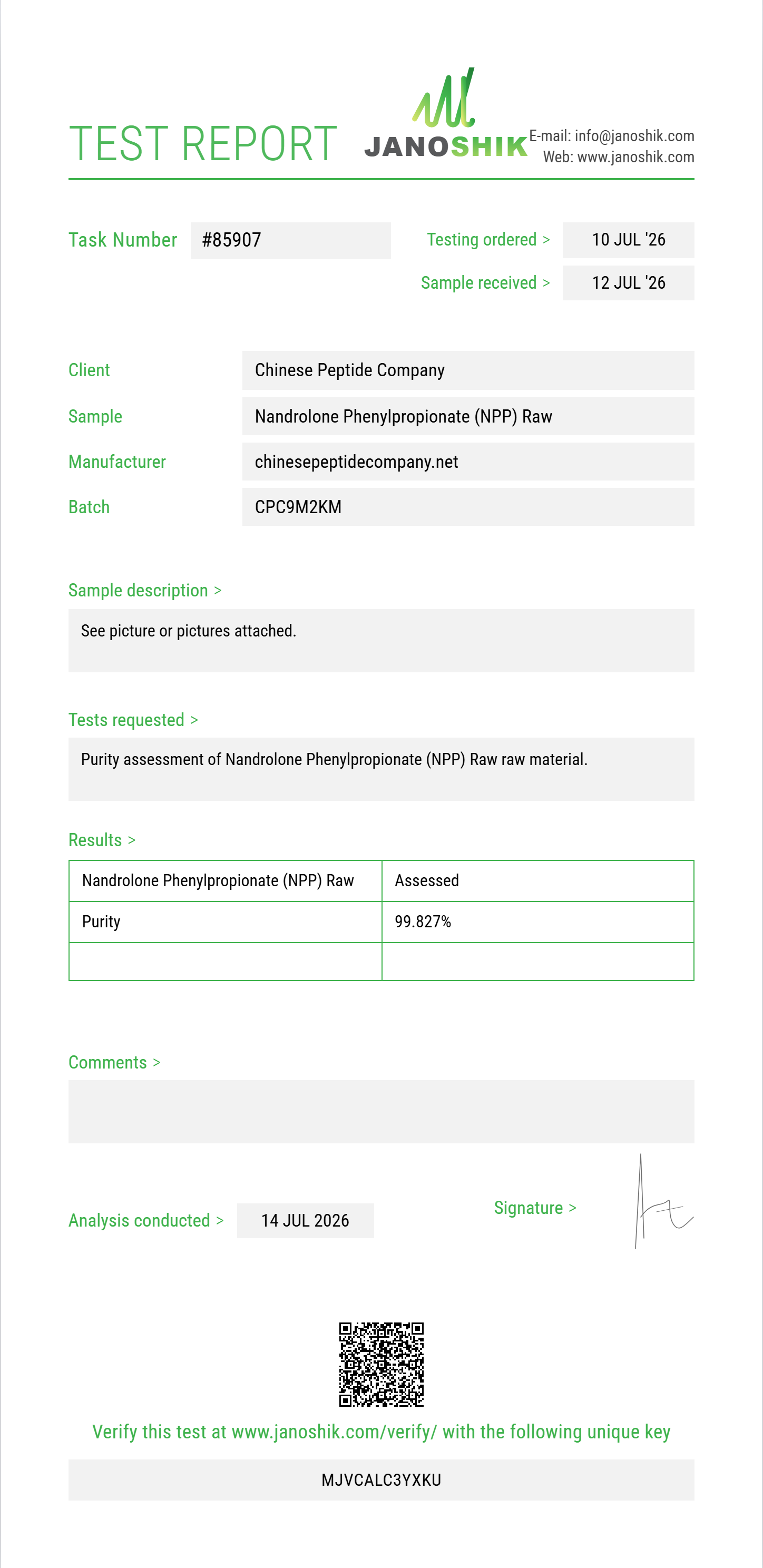 Nandrolone Phenylpropionate (NPP) Raw Purity (HPLC) report by Janoshik Analytical