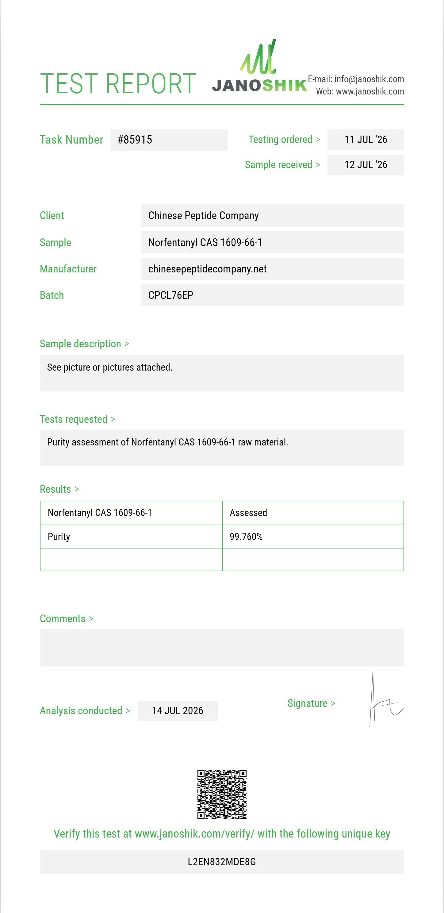 Norfentanyl CAS 1609-66-1 Purity (HPLC) report by Janoshik Analytical