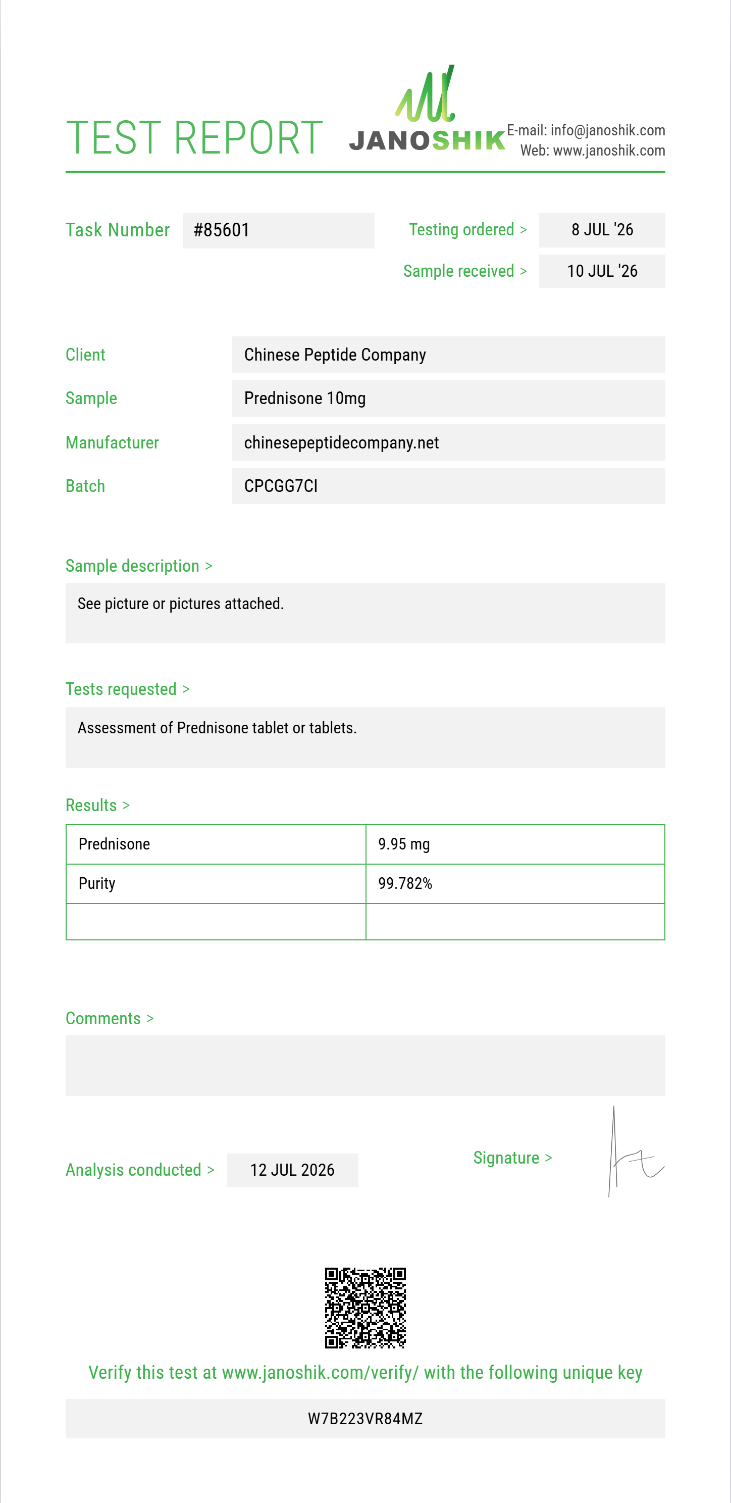 Prednisone Purity (HPLC) report by Janoshik Analytical