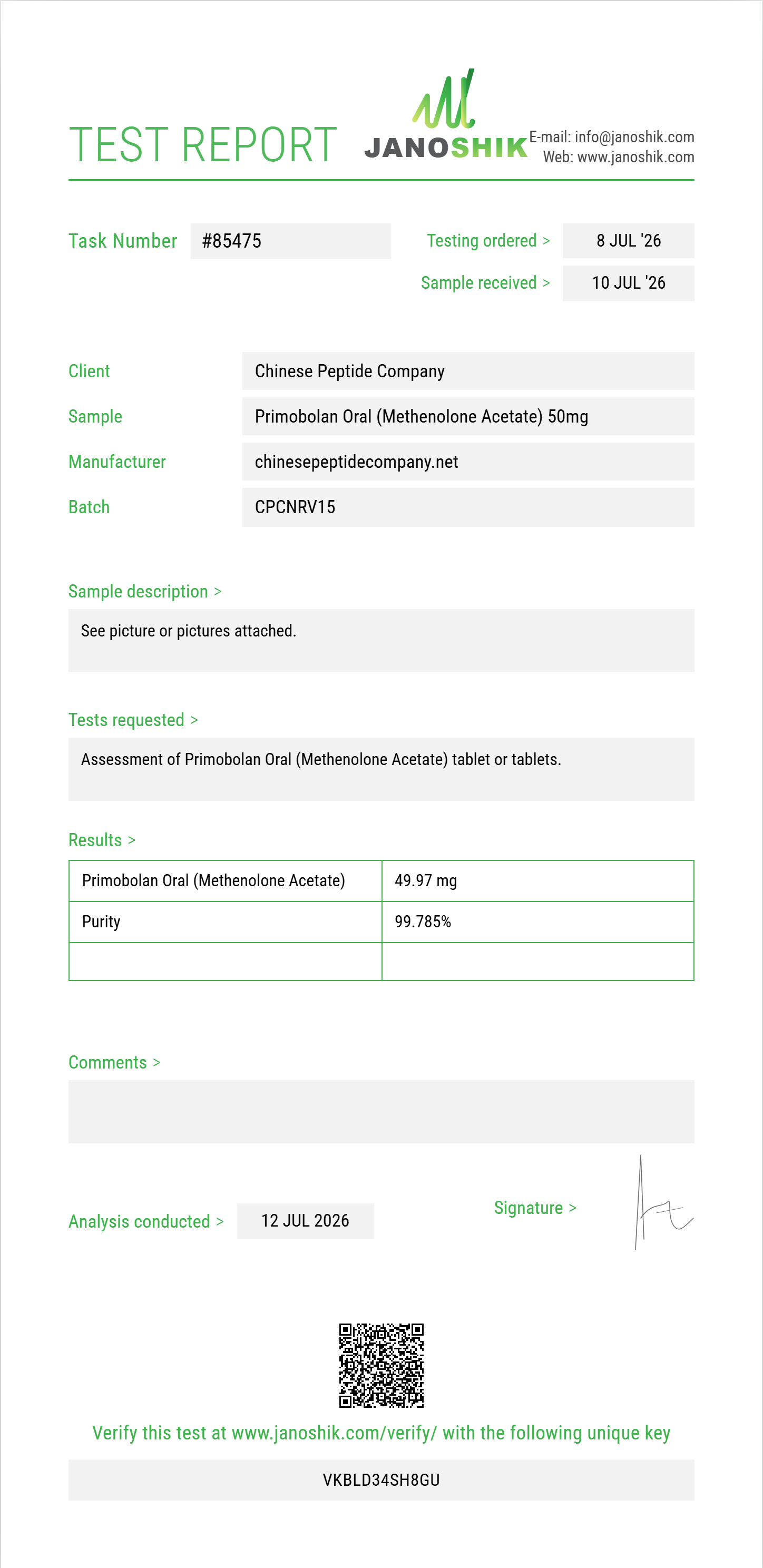 Primobolan Oral (Methenolone Acetate) Purity (HPLC) report by Janoshik Analytical