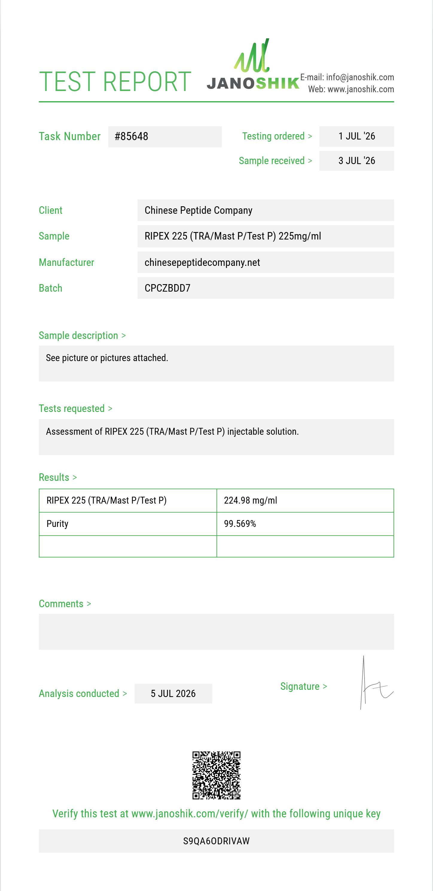 RIPEX 225 (TRA/Mast P/Test P) Purity (HPLC) report by Janoshik Analytical