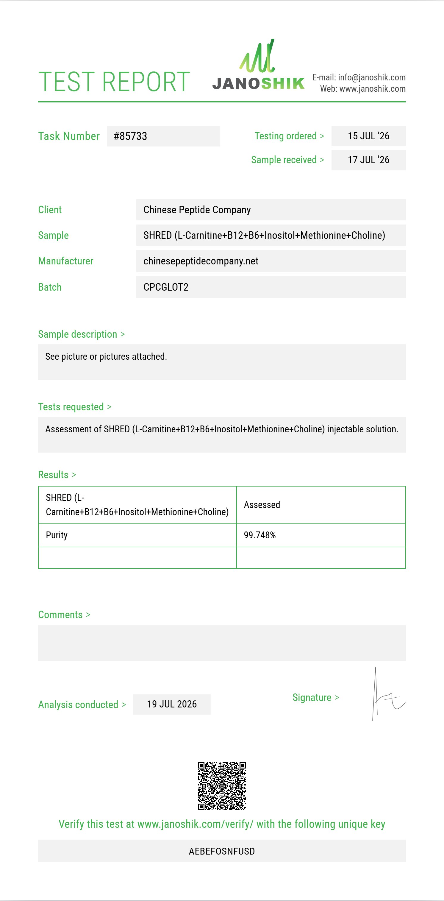 SHRED (L-Carnitine 200mg+B12+B6+Inositol+Methionine+Choline) Purity (HPLC) report by Janoshik Analytical