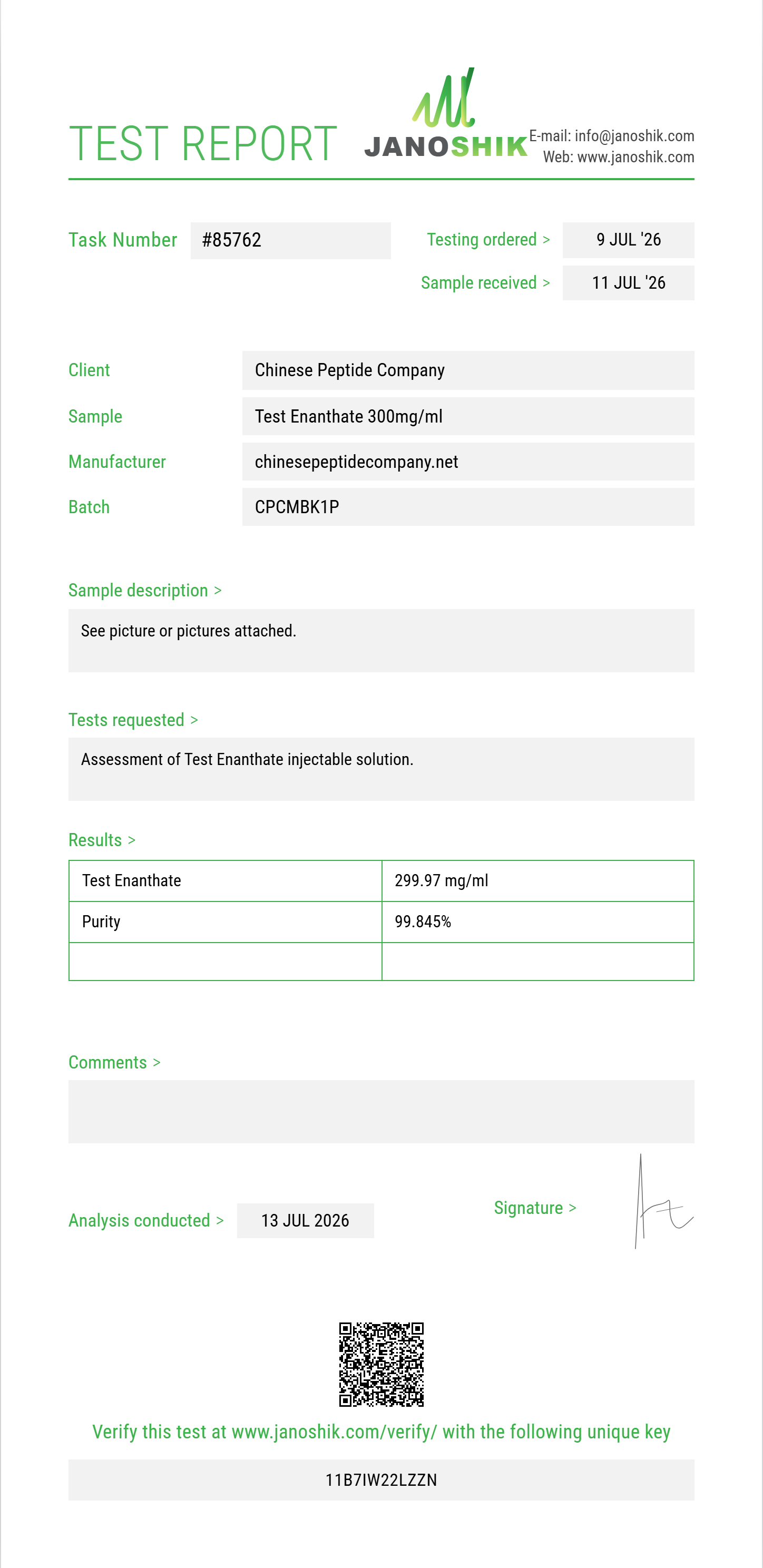Test Enanthate Purity (HPLC) report by Janoshik Analytical