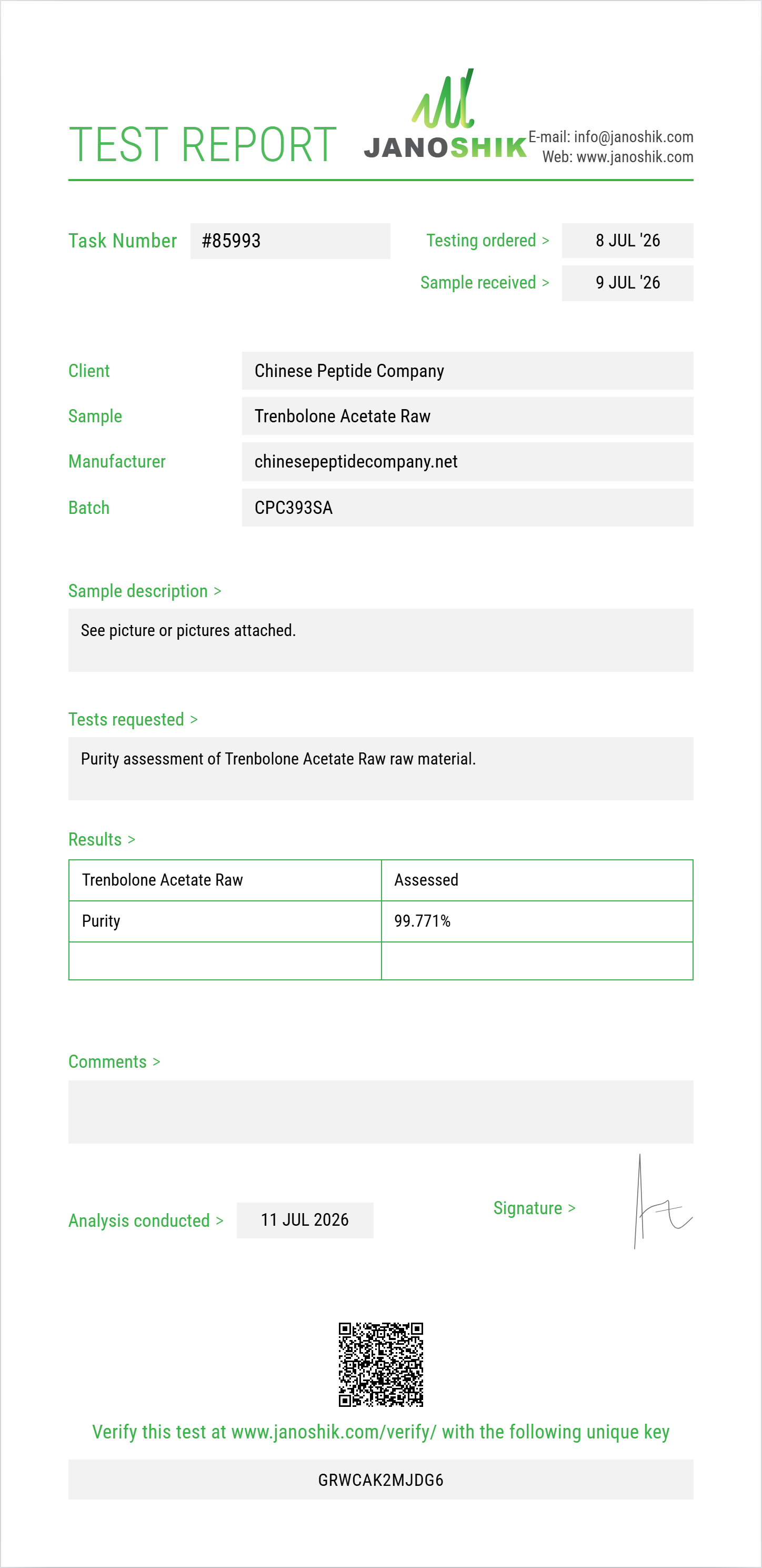 Trenbolone Acetate Raw Purity (HPLC) report by Janoshik Analytical
