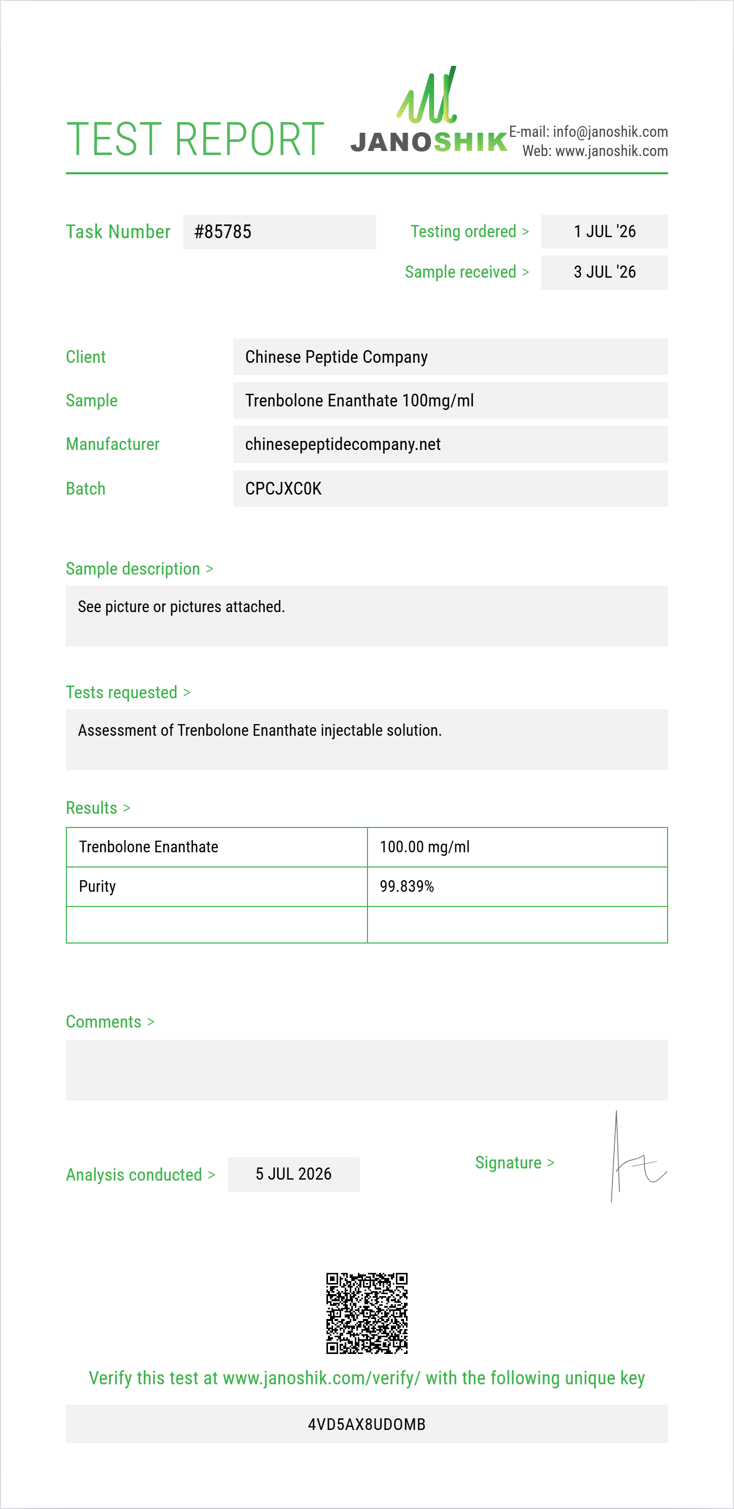 Trenbolone Enanthate Purity (HPLC) report by Janoshik Analytical