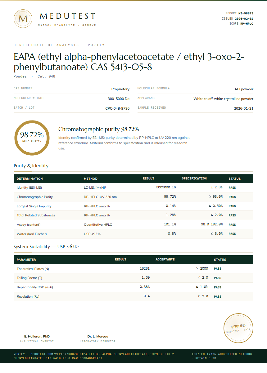 EAPA (ethyl alpha-phenylacetoacetate / ethyl 3-oxo-2-phenylbutanoate) CAS 5413-05-8 Purity Test Report by Medutest