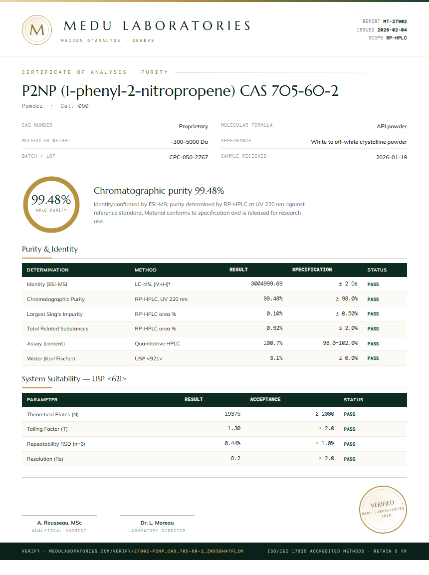 P2NP (1-phenyl-2-nitropropene) CAS 705-60-2 Purity Test Report by Medu Laboratories