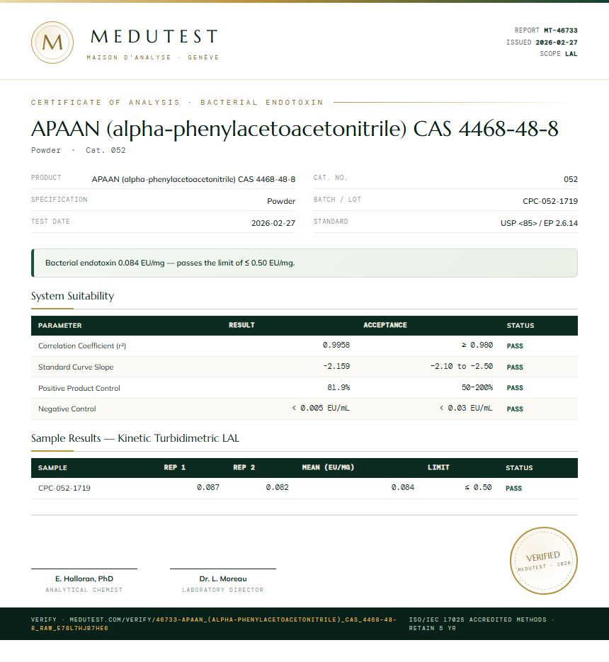 APAAN (alpha-phenylacetoacetonitrile) CAS 4468-48-8 Endotoxin report by Medutest