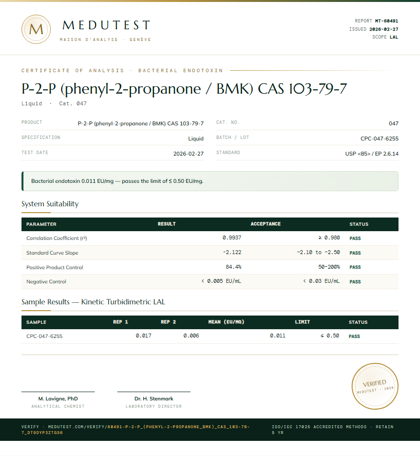 P-2-P (phenyl-2-propanone / BMK) CAS 103-79-7 Endotoxin report by Medutest