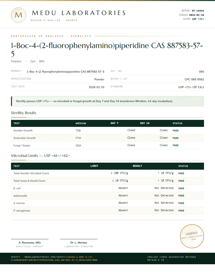 1-Boc-4-(2-fluorophenylamino)piperidine CAS 887583-57-5 Sterility report by Medu Laboratories