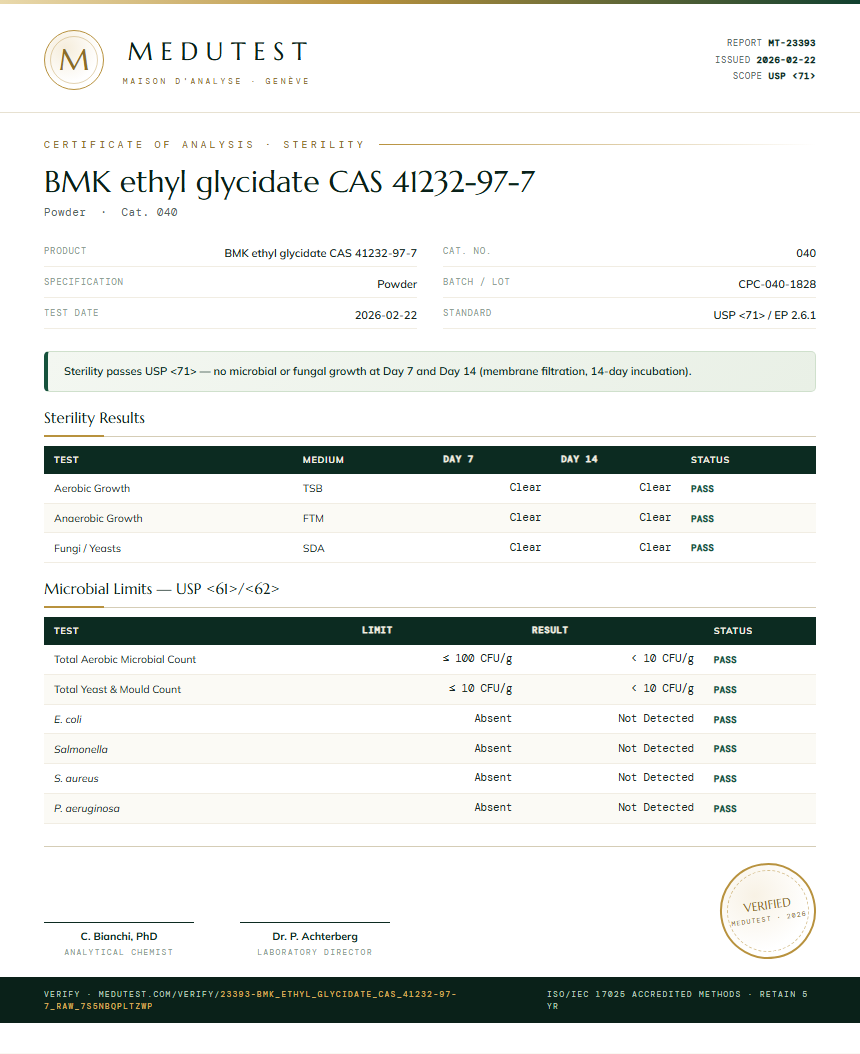 BMK ethyl glycidate CAS 41232-97-7 Sterility report by Medutest