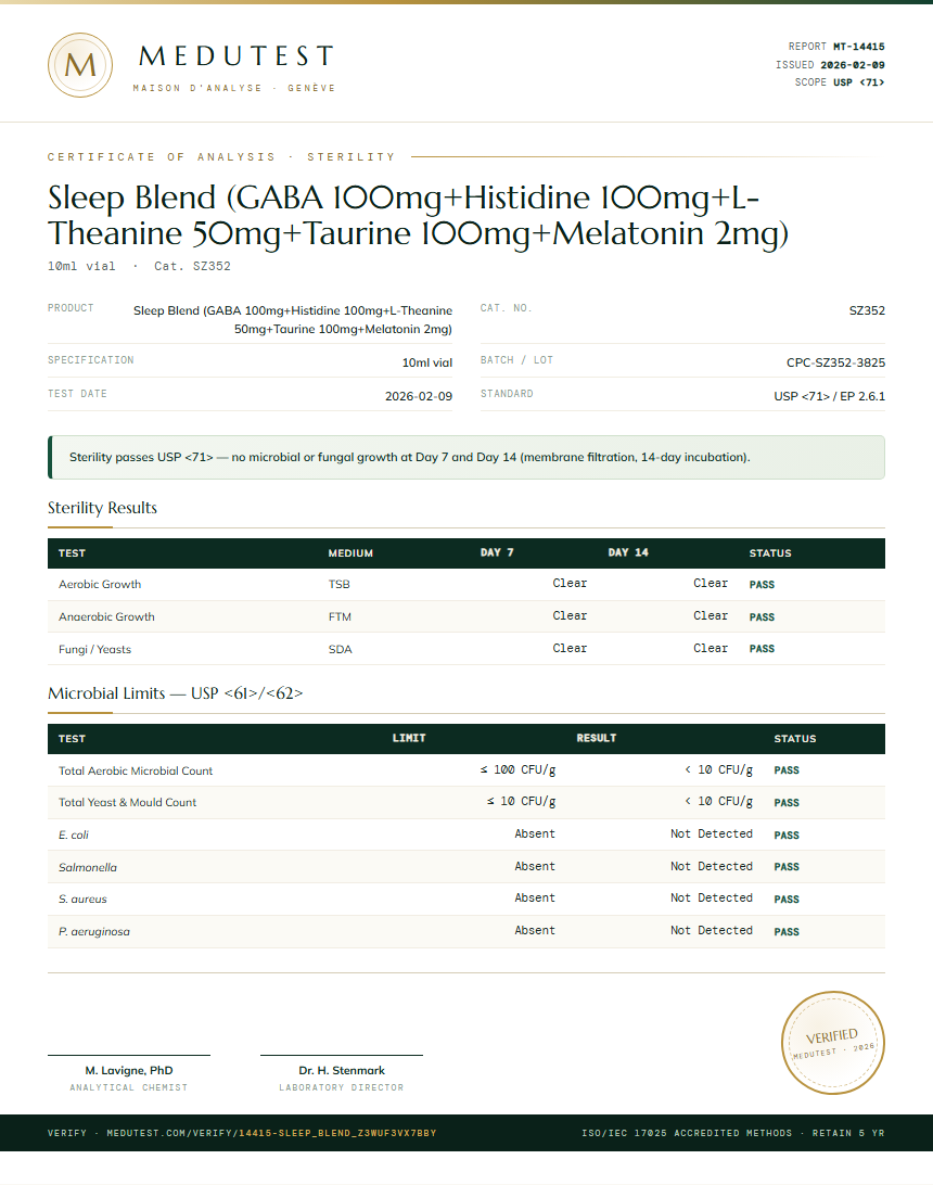 Sleep Blend (GABA 100mg+Histidine 100mg+L-Theanine 50mg+Taurine 100mg+Melatonin 2mg) Sterility report by Medutest