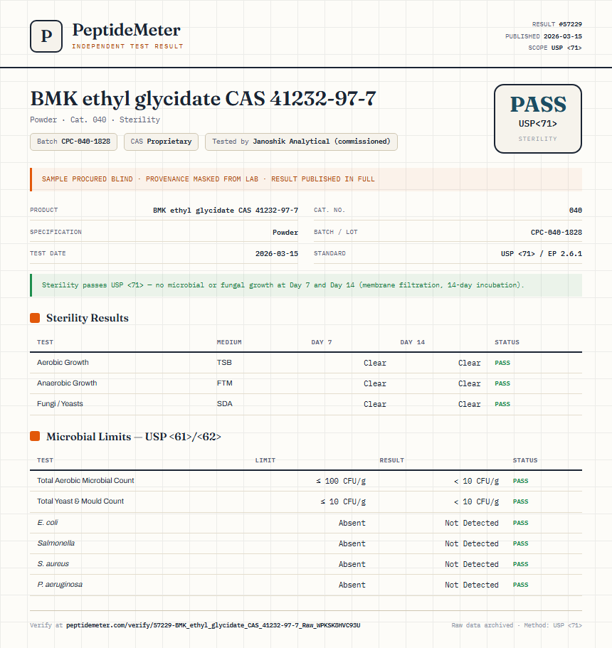 BMK ethyl glycidate CAS 41232-97-7 Sterility report by PeptideMeter