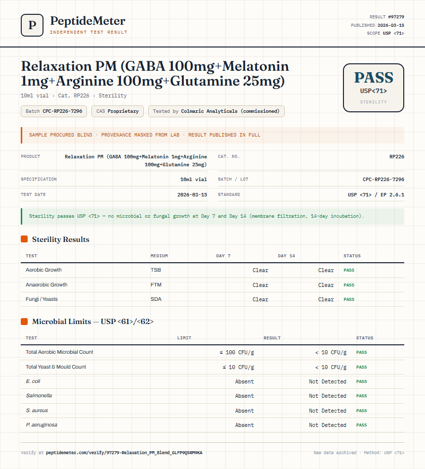 Relaxation PM (GABA 100mg+Melatonin 1mg+Arginine 100mg+Glutamine 25mg) Sterility report by PeptideMeter