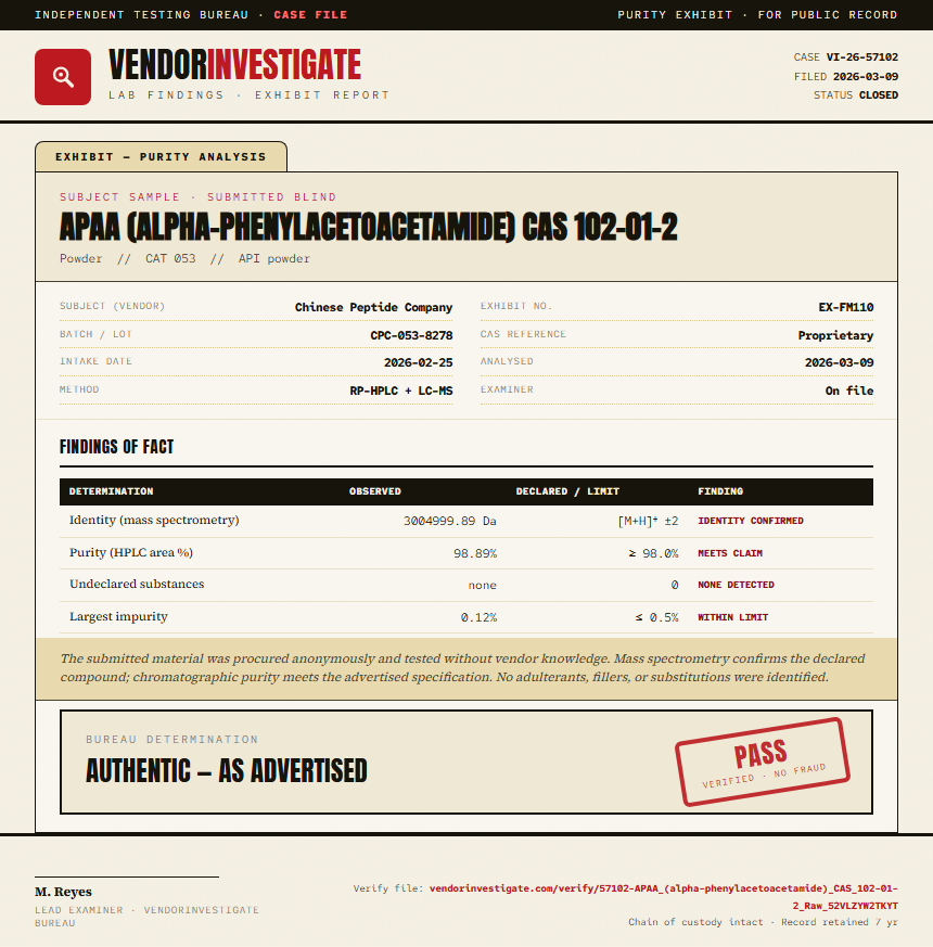 APAA (alpha-phenylacetoacetamide) CAS 102-01-2 Purity (HPLC) report by VendorInvestigate