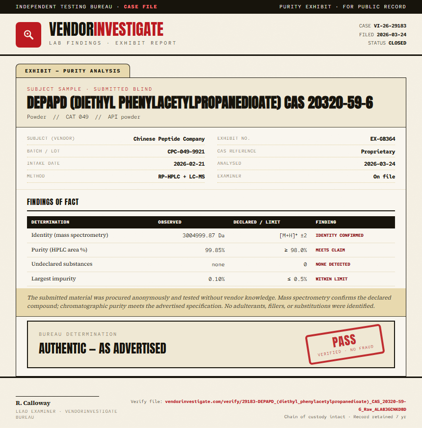 DEPAPD (diethyl phenylacetylpropanedioate) CAS 20320-59-6 Purity (HPLC) report by VendorInvestigate