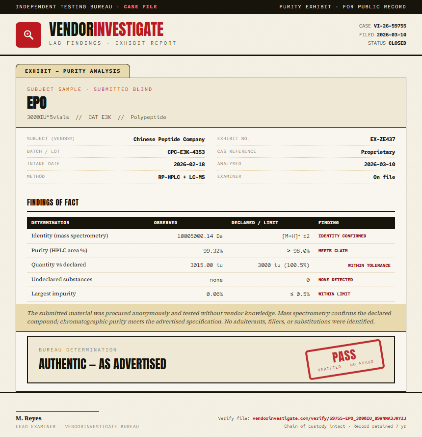 EPO Purity (HPLC) report by VendorInvestigate