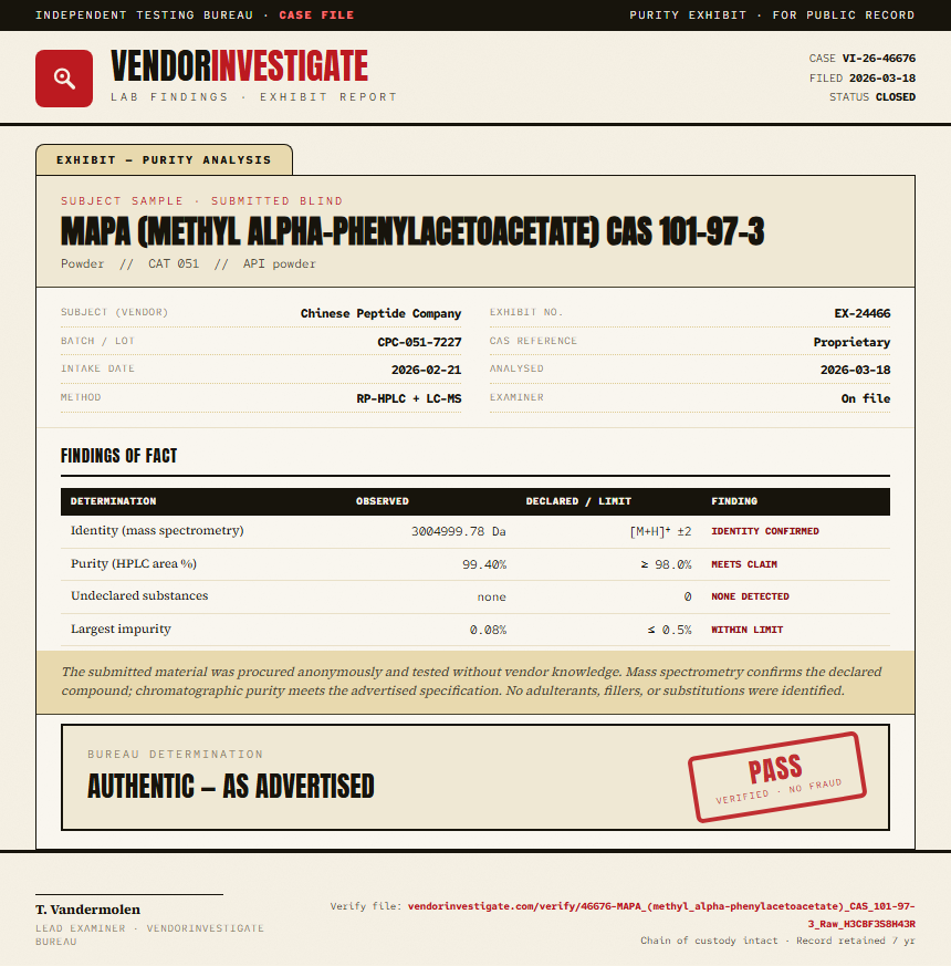 MAPA (methyl alpha-phenylacetoacetate) CAS 101-97-3 Purity (HPLC) report by VendorInvestigate