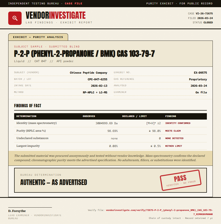 P-2-P (phenyl-2-propanone / BMK) CAS 103-79-7 Purity (HPLC) report by VendorInvestigate
