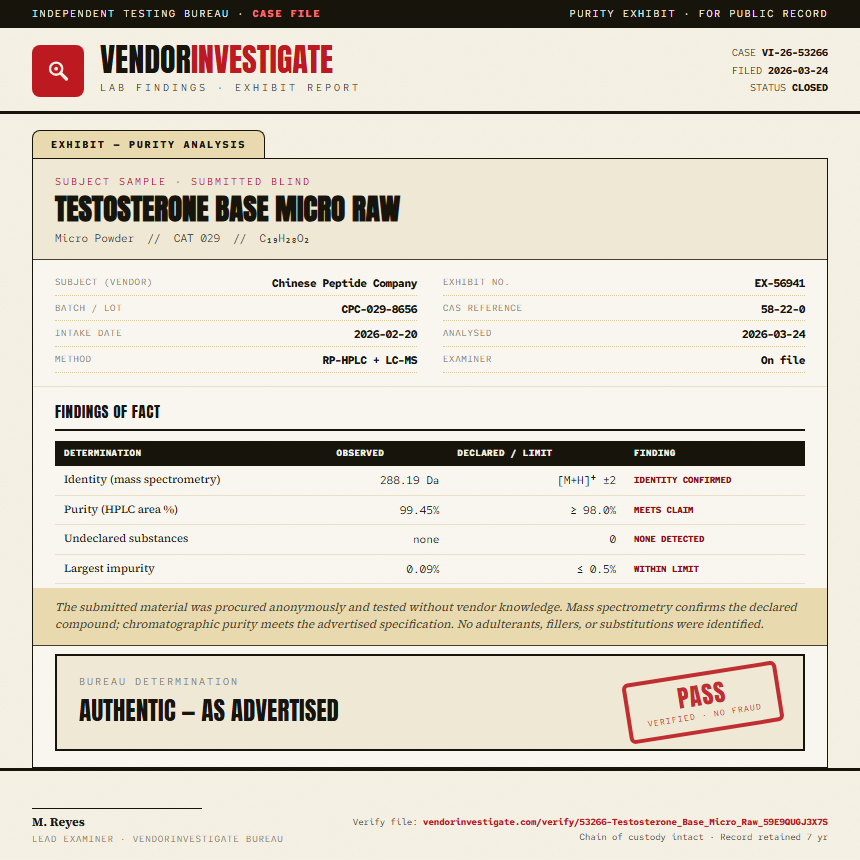 Testosterone Base Micro Raw Purity (HPLC) report by VendorInvestigate