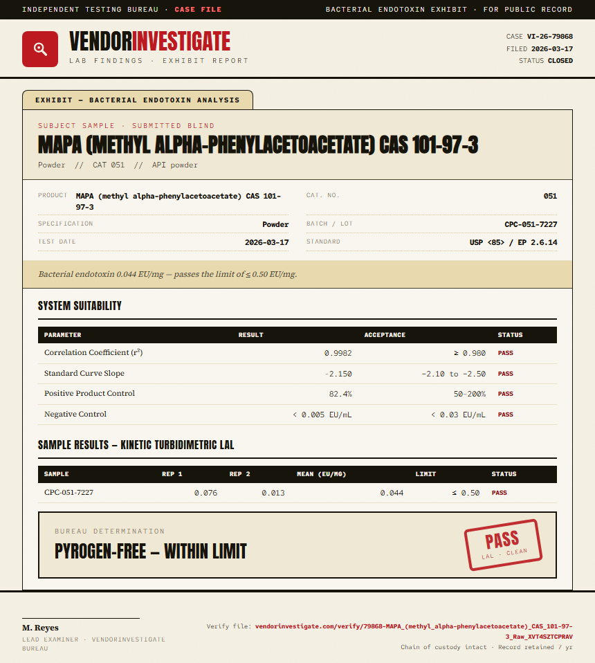 MAPA (methyl alpha-phenylacetoacetate) CAS 101-97-3 Endotoxin report by VendorInvestigate