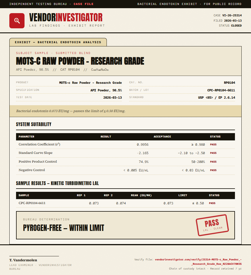 MOTS-c Raw Powder - Research Grade Endotoxin report by VendorInvestigator