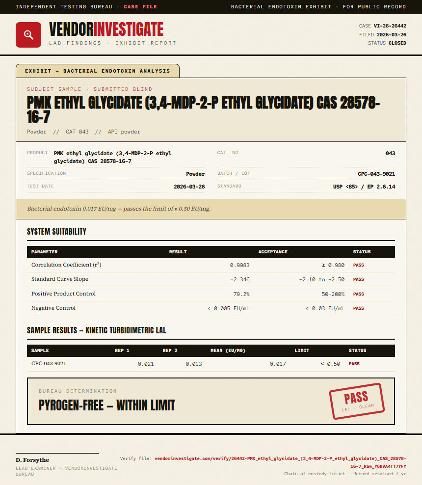 PMK ethyl glycidate (3,4-MDP-2-P ethyl glycidate) CAS 28578-16-7 Endotoxin report by VendorInvestigate