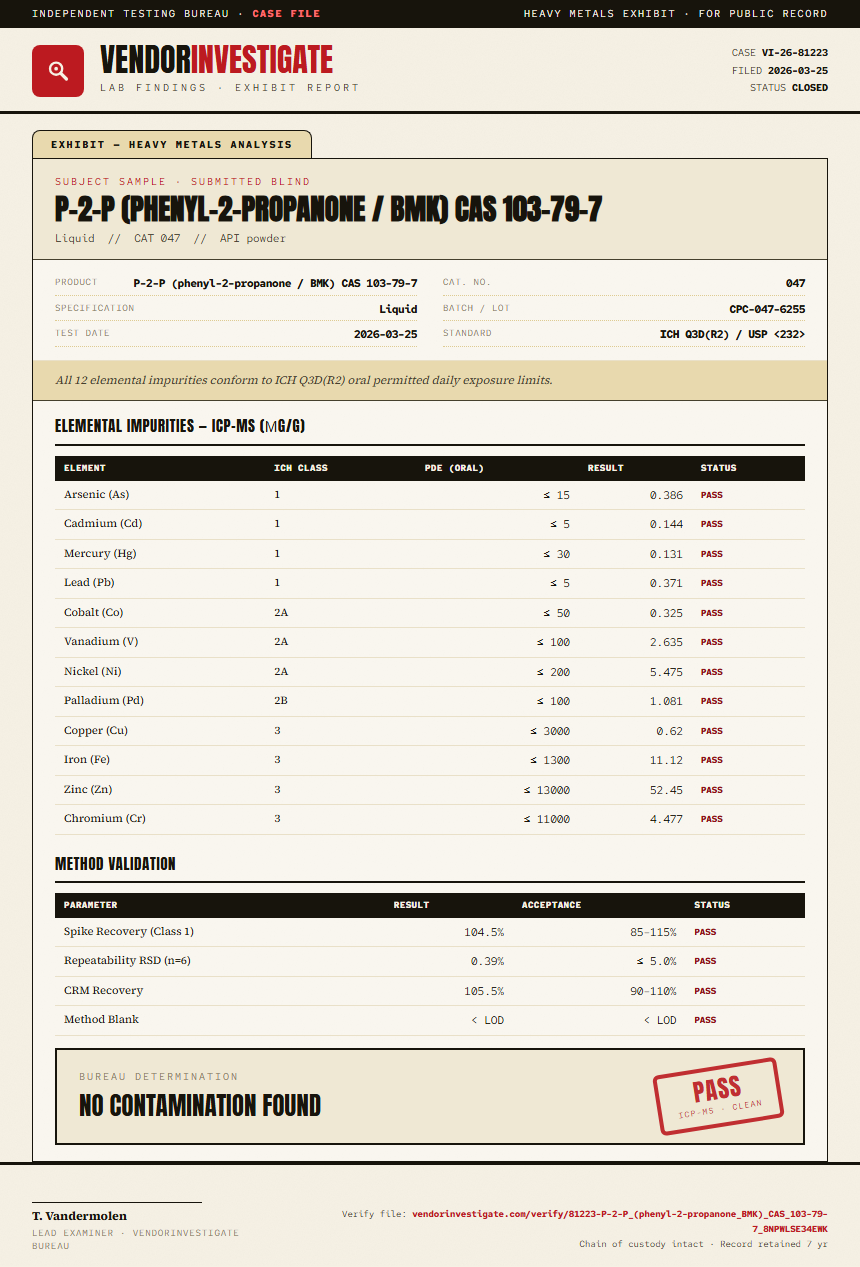 P-2-P (phenyl-2-propanone / BMK) CAS 103-79-7 Heavy Metals report by VendorInvestigate