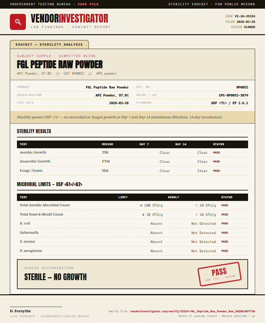 FGL Peptide Raw Powder Sterility report by VendorInvestigator