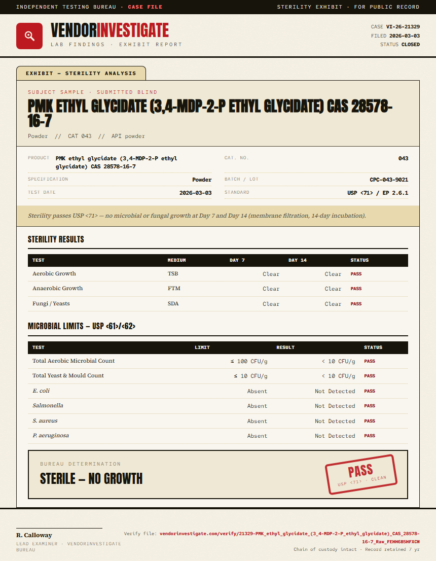 PMK ethyl glycidate (3,4-MDP-2-P ethyl glycidate) CAS 28578-16-7 Sterility report by VendorInvestigate